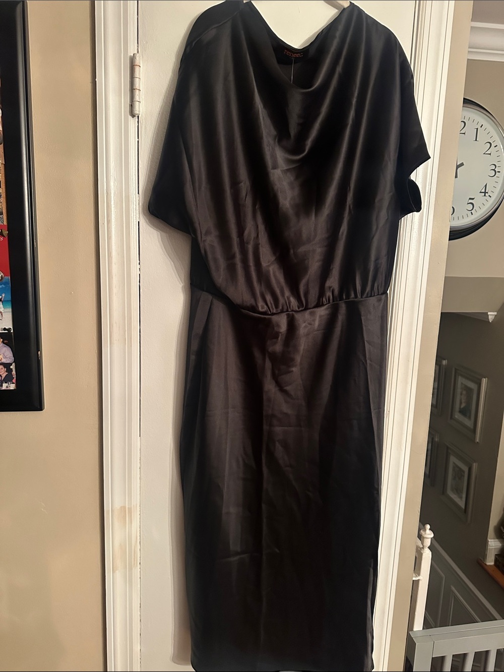 Renee C. Black Satin Midi Dress with Blouson Bodice